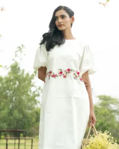 hand embroidered floral dress in white cotton – modern heritage wear