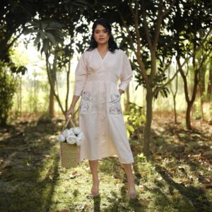 forest whisper – hand embroidered cotton midi dress with pockets