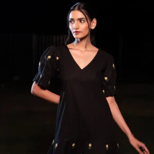 handcrafted black midi dress with floral embroidery